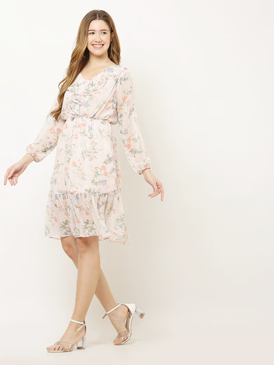 Odette Peach Georgette Printed Stitched Western Dress For Women