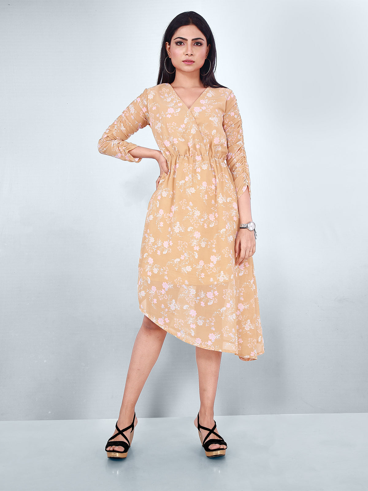 Odette Yellow Georgette Printed Stitched Western Dress For Women