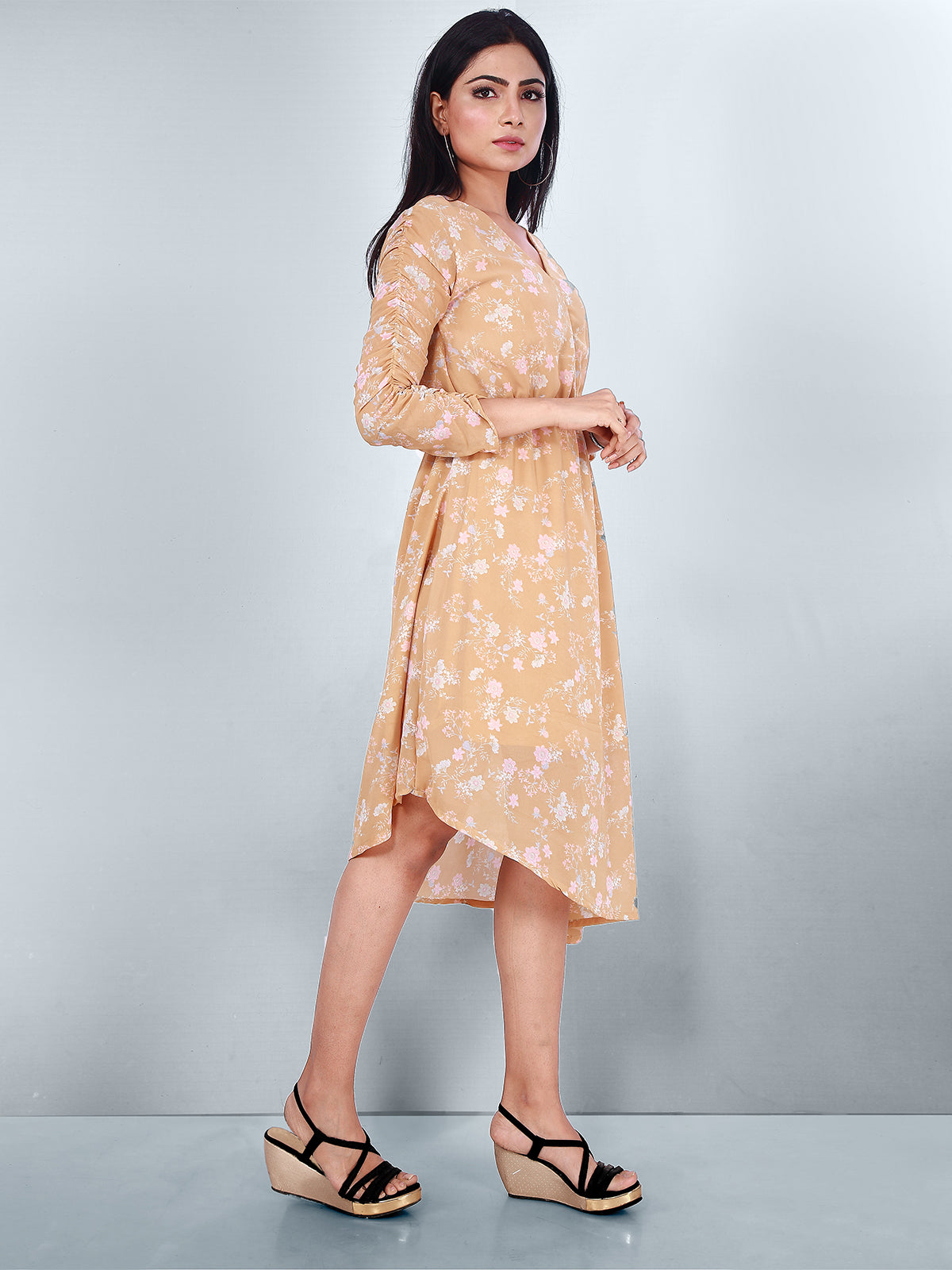 Odette Yellow Georgette Printed Stitched Western Dress For Women