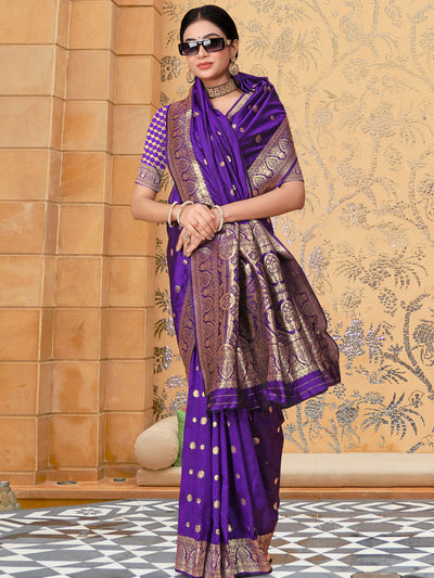 Odette Purple Banarasi Woven Saree With Unstitched Blouse For Women