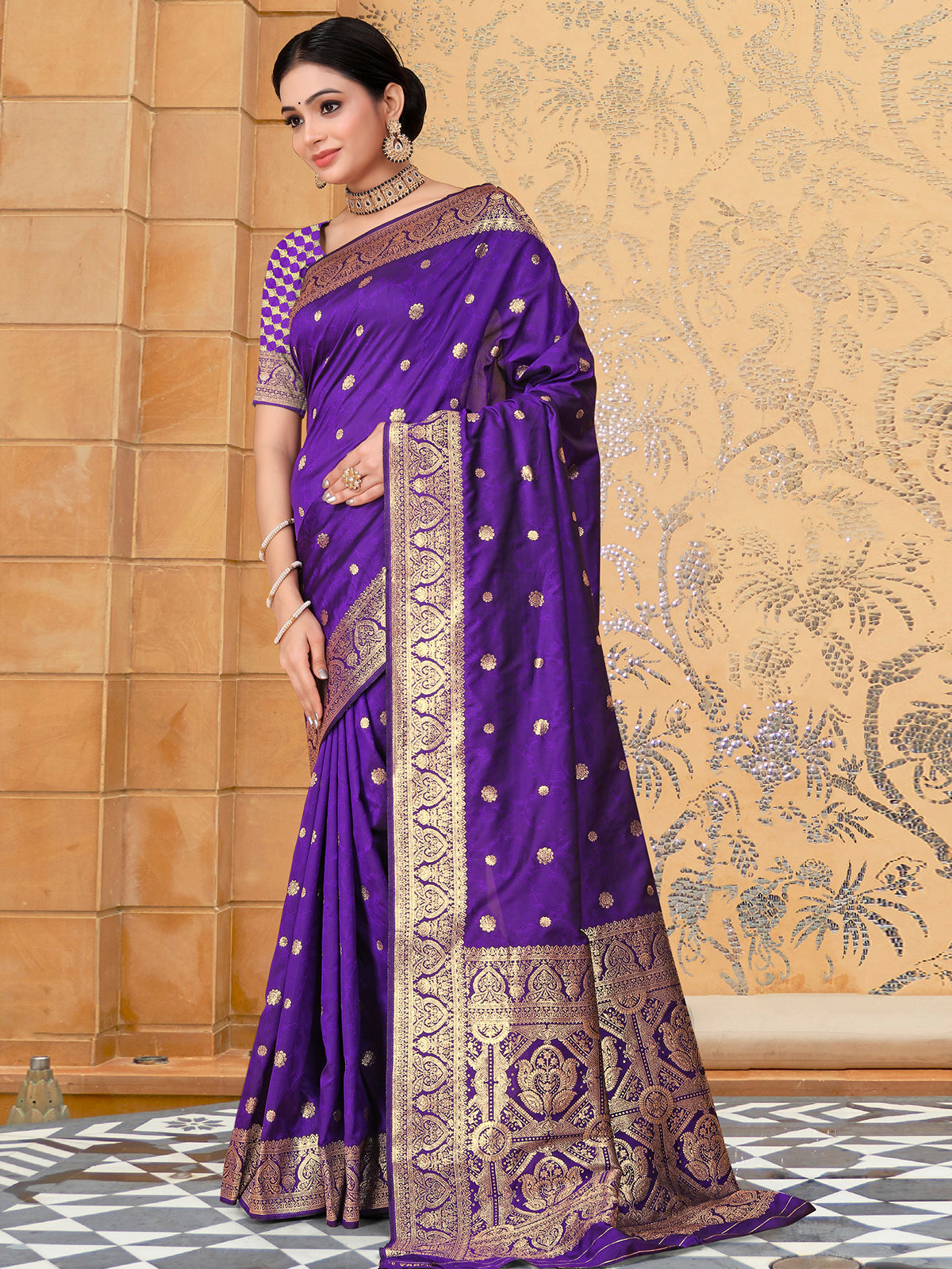 Odette Purple Banarasi Woven Saree With Unstitched Blouse For Women