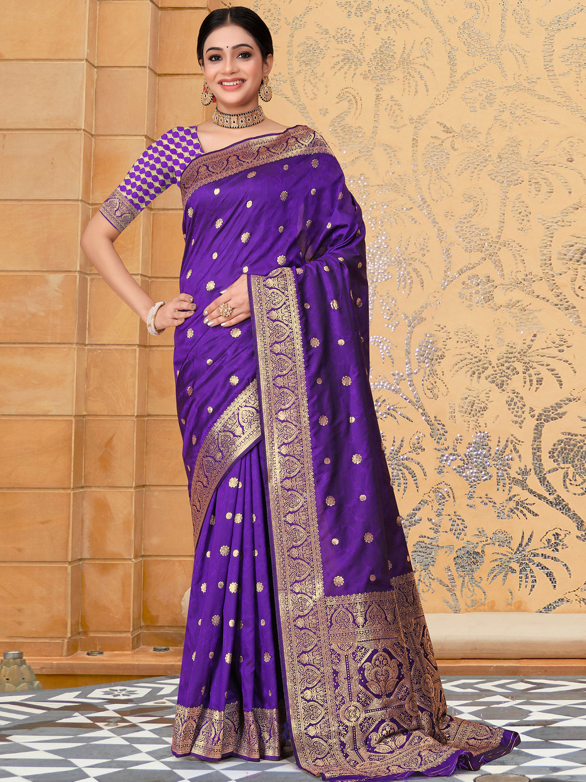 Odette Purple Banarasi Woven Saree With Unstitched Blouse For Women