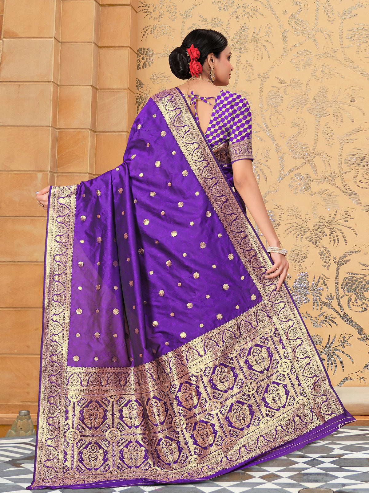 Odette Purple Banarasi Woven Saree With Unstitched Blouse For Women