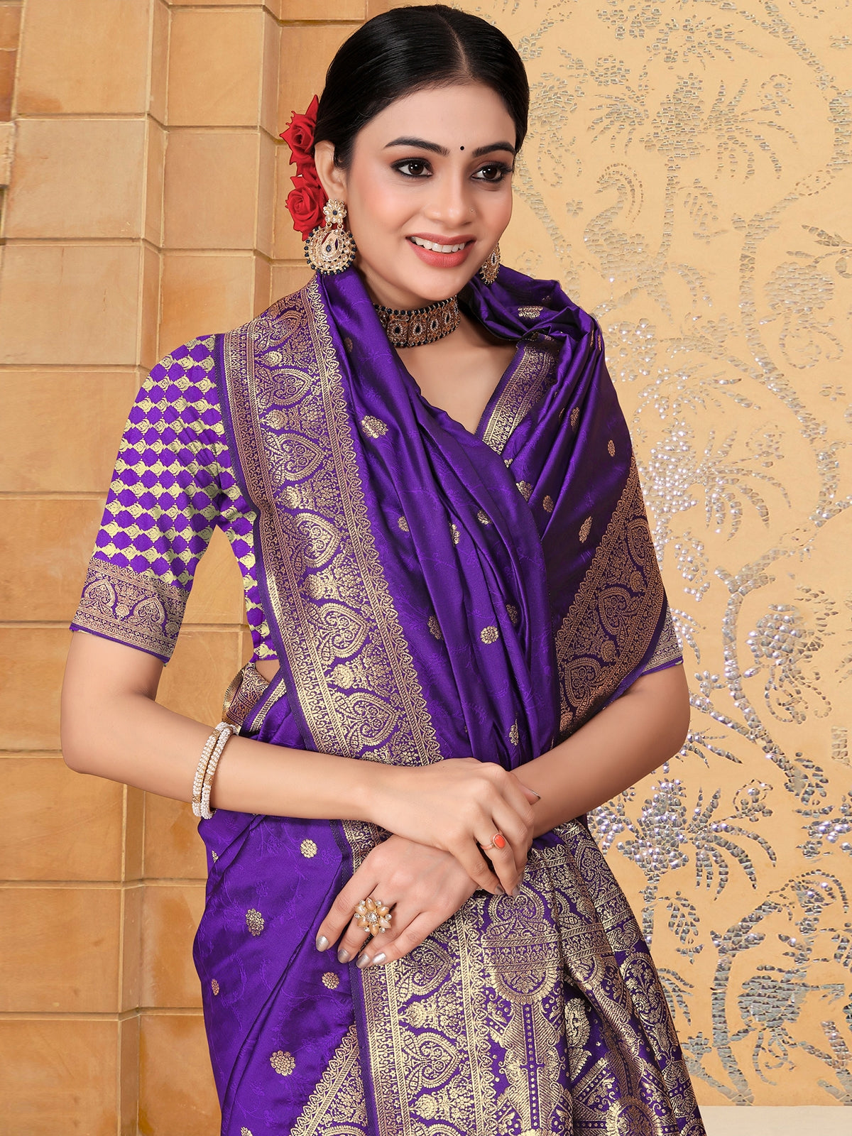 Odette Purple Banarasi Woven Saree With Unstitched Blouse For Women