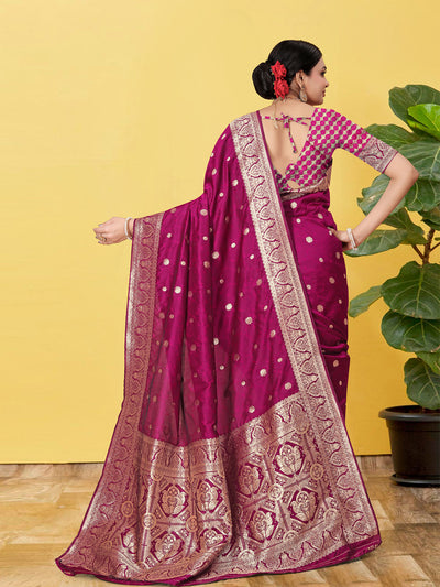 Odette Wine  Banarasi Woven Saree With Unstitched Blouse For Women