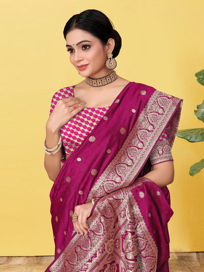 Odette Wine  Banarasi Woven Saree With Unstitched Blouse For Women