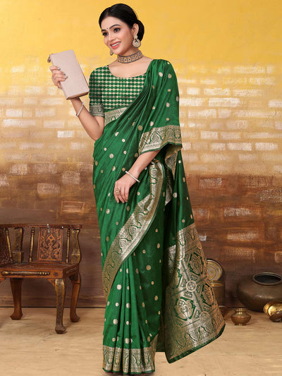 Odette Green Banarasi Woven Saree With Unstitched Blouse For Women