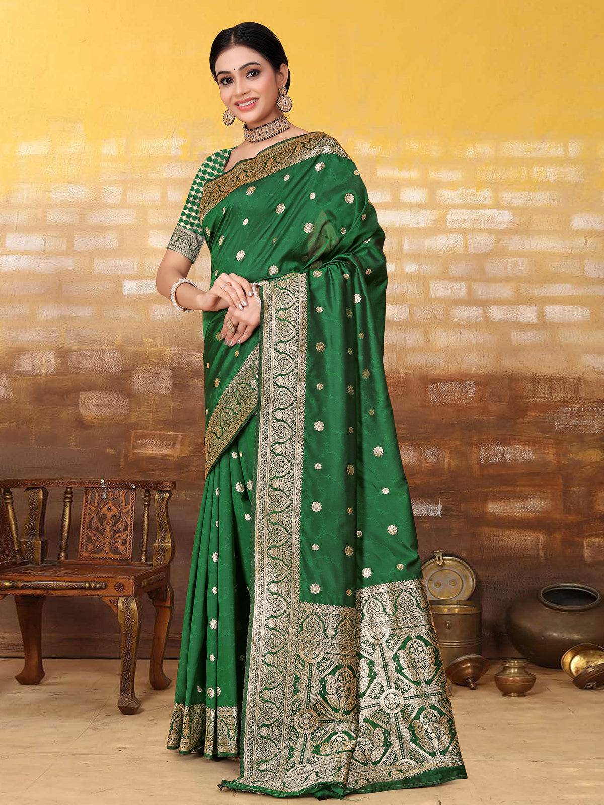 Odette Green Banarasi Woven Saree With Unstitched Blouse For Women