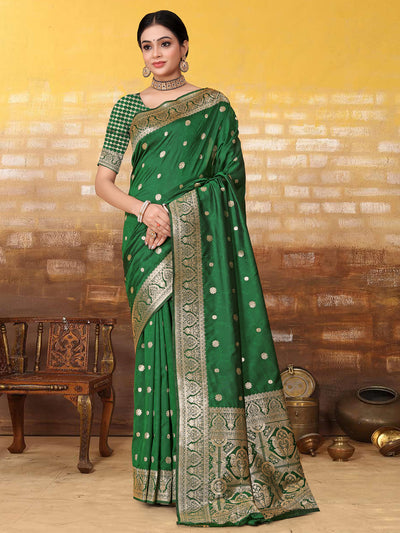 Odette Green Banarasi Woven Saree With Unstitched Blouse For Women