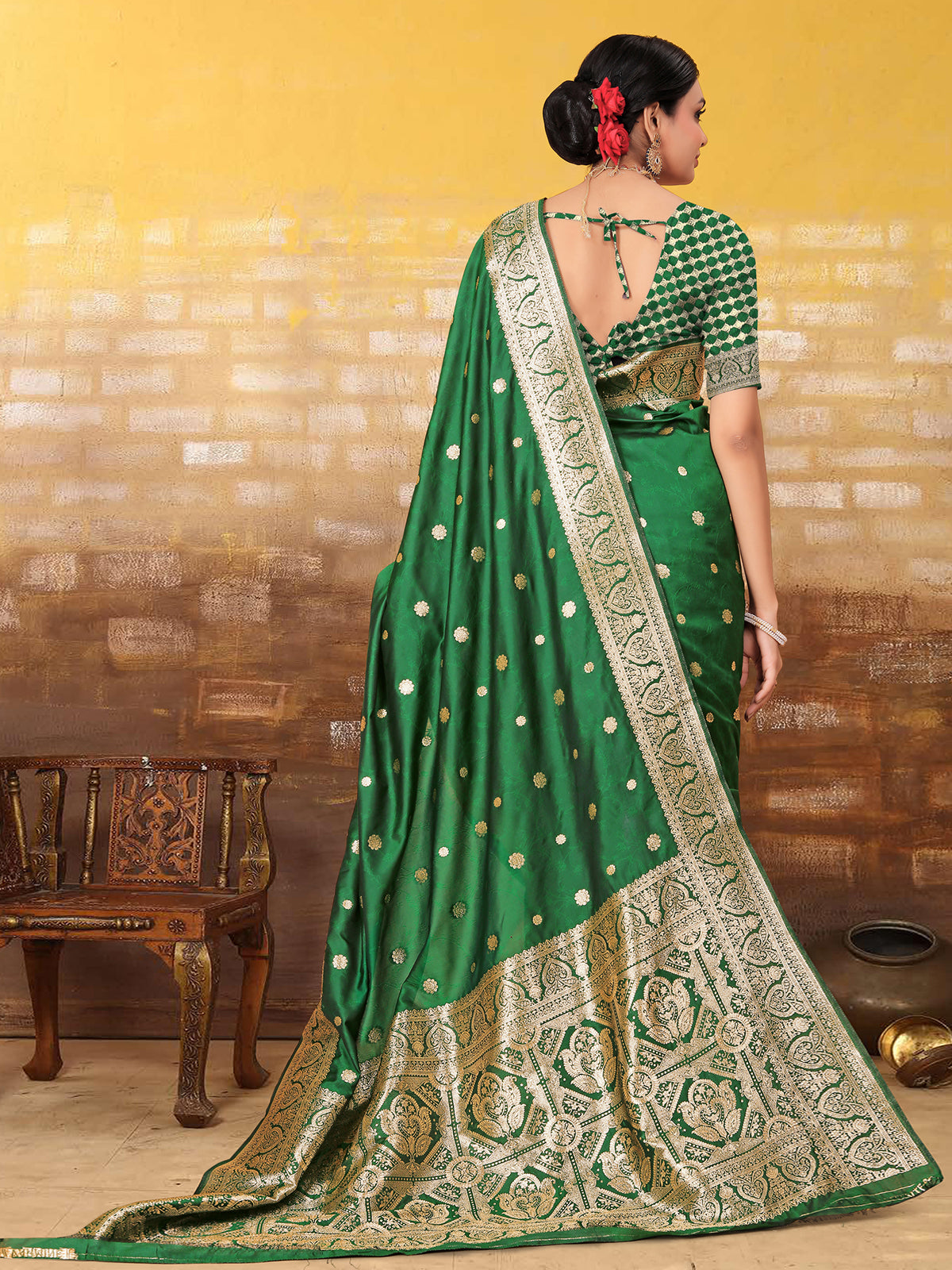 Odette Green Banarasi Woven Saree With Unstitched Blouse For Women