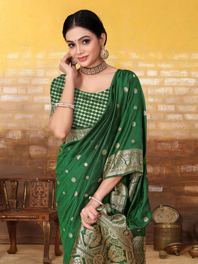 Odette Green Banarasi Woven Saree With Unstitched Blouse For Women