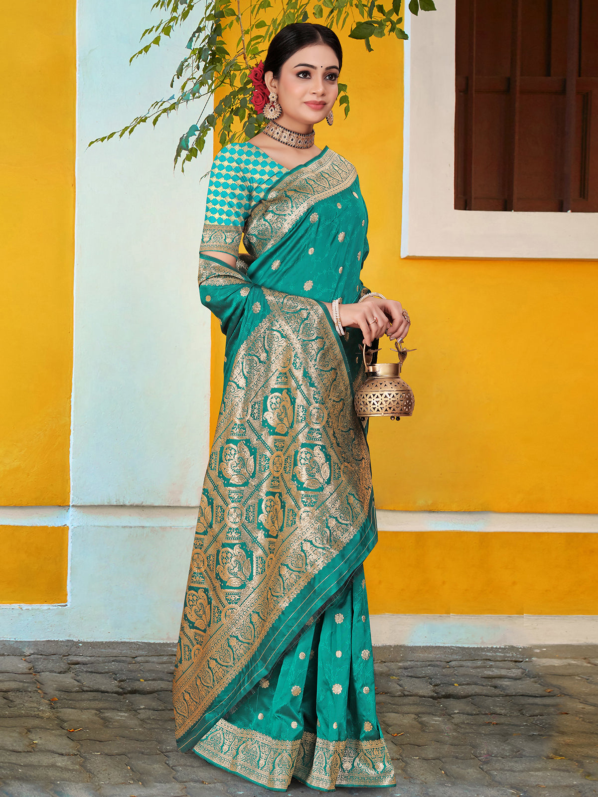 Odette Teal Banarasi Woven Saree With Unstitched Blouse For Women