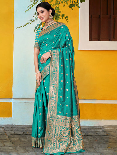 Odette Teal Banarasi Woven Saree With Unstitched Blouse For Women