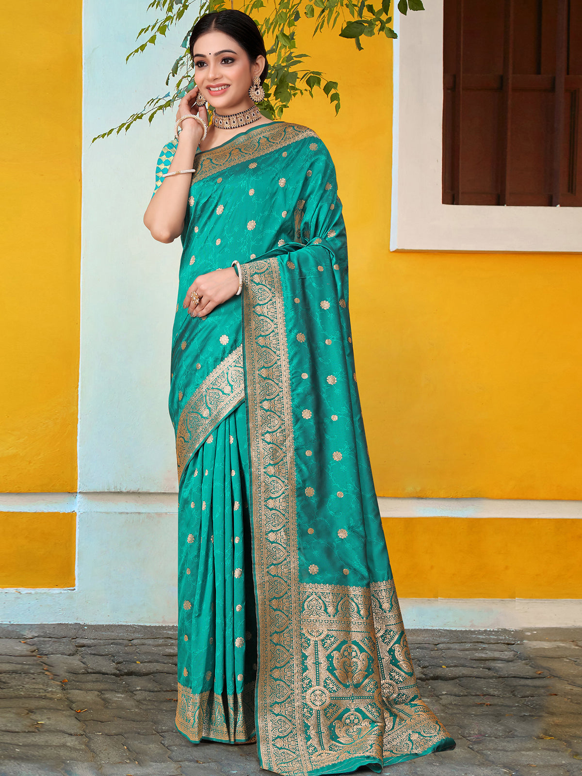 Odette Teal Banarasi Woven Saree With Unstitched Blouse For Women