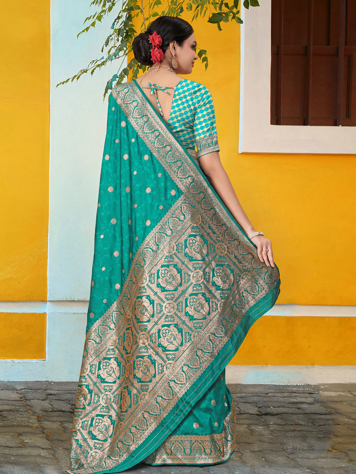 Odette Teal Banarasi Woven Saree With Unstitched Blouse For Women