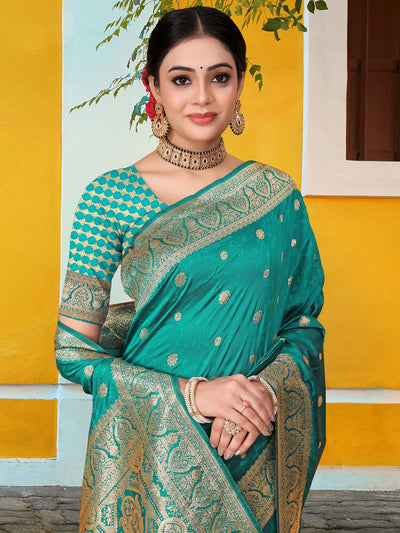 Odette Teal Banarasi Woven Saree With Unstitched Blouse For Women