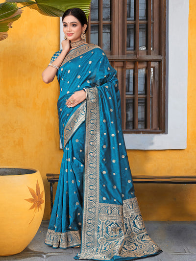 Odette Blue Banarasi Woven Saree With Unstitched Blouse For Women