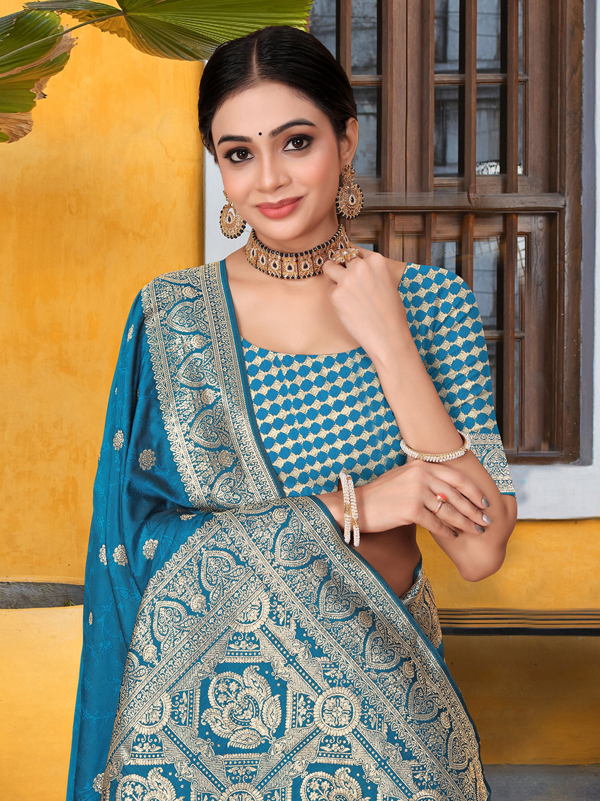 Odette Blue Banarasi Woven Saree With Unstitched Blouse For Women