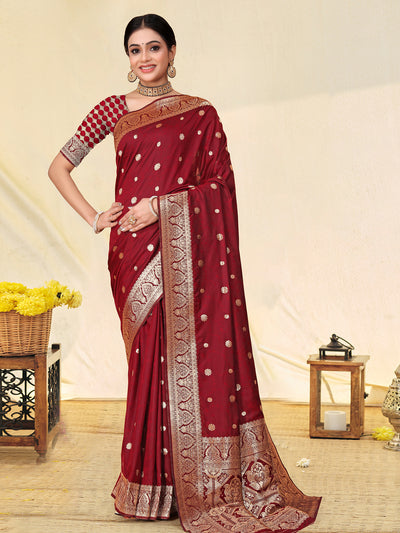 Odette Maroon Banarasi Woven Saree With Unstitched Blouse For Women