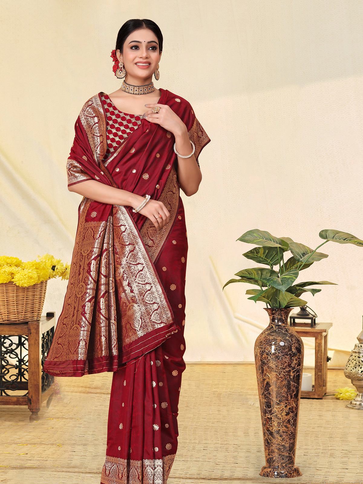 Odette Maroon Banarasi Woven Saree With Unstitched Blouse For Women