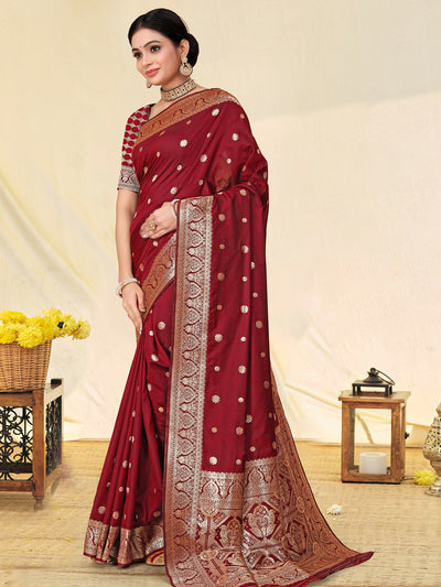 Odette Maroon Banarasi Woven Saree With Unstitched Blouse For Women