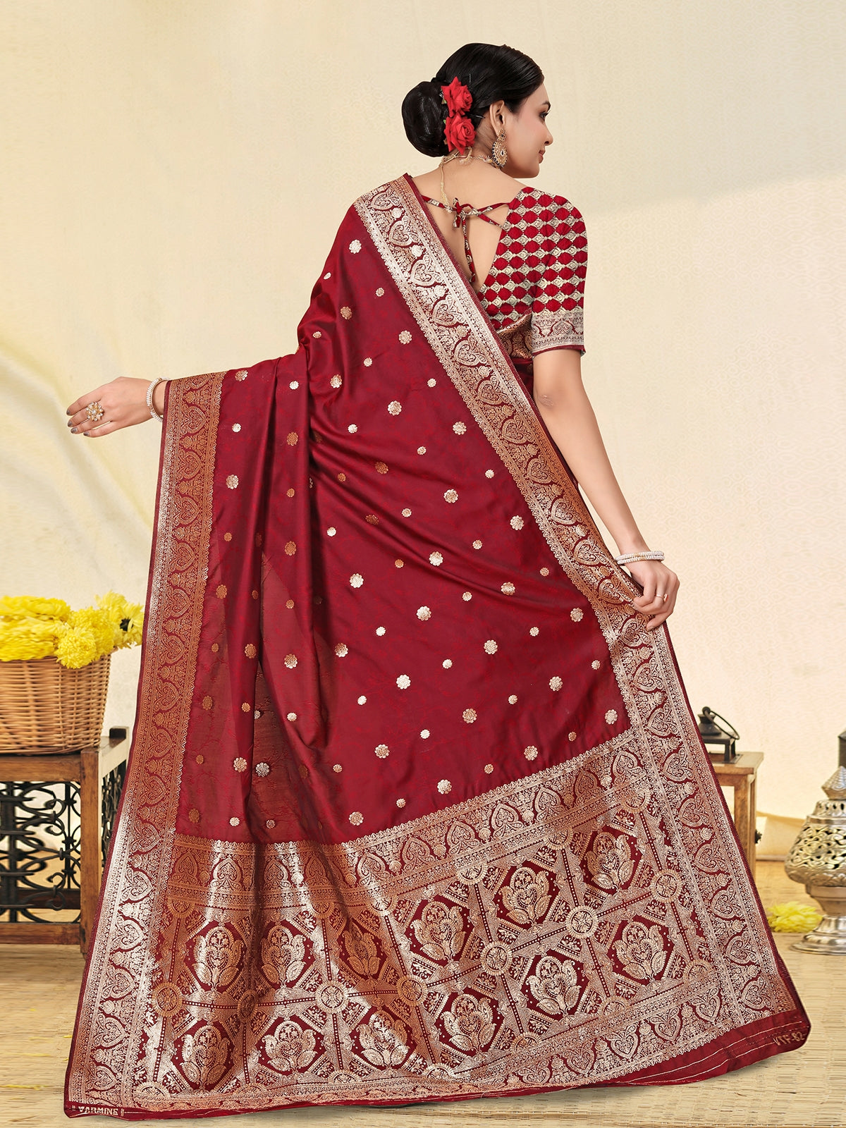 Odette Maroon Banarasi Woven Saree With Unstitched Blouse For Women