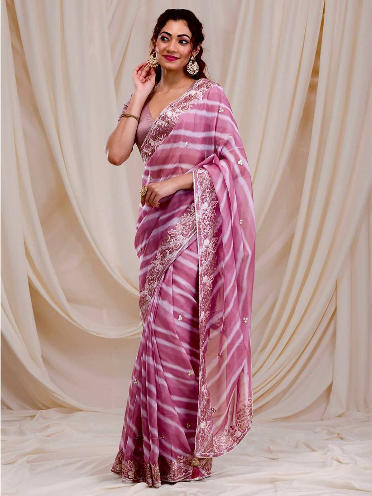 Odette Mauve Embroidered Georgette Saree With Unstitched Blouse For Women