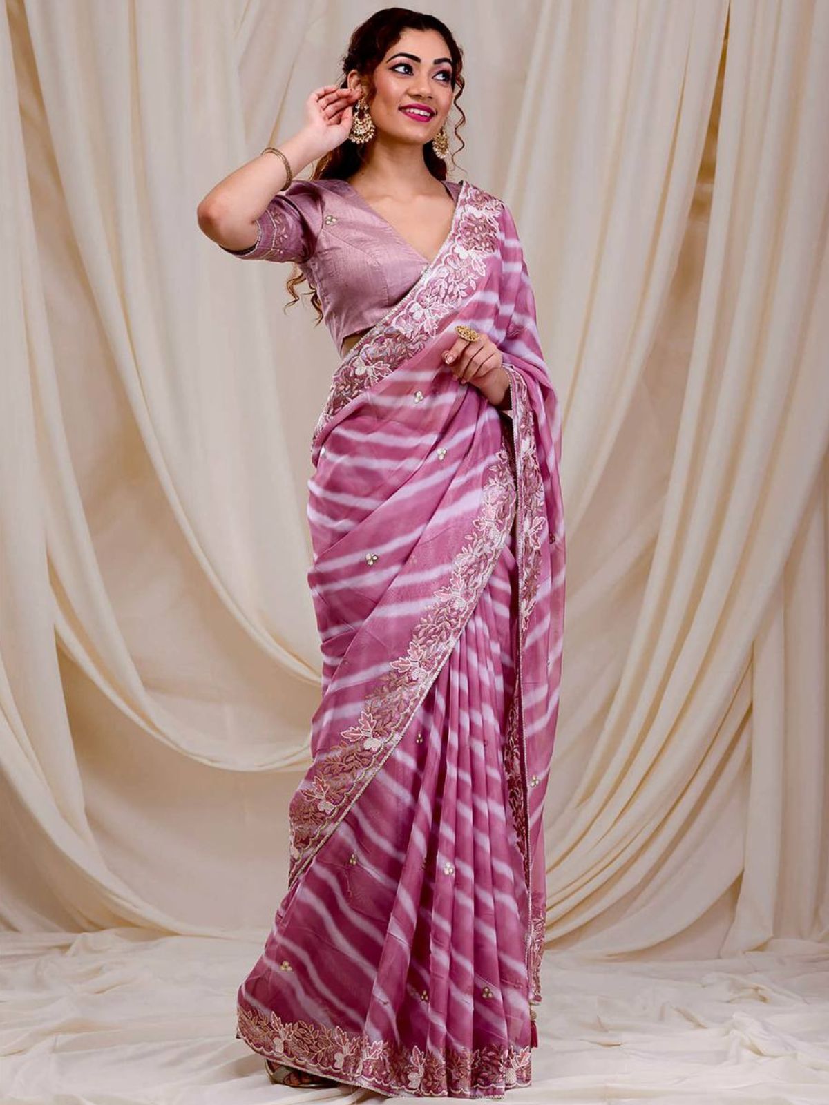 Odette Mauve Embroidered Georgette Saree With Unstitched Blouse For Women