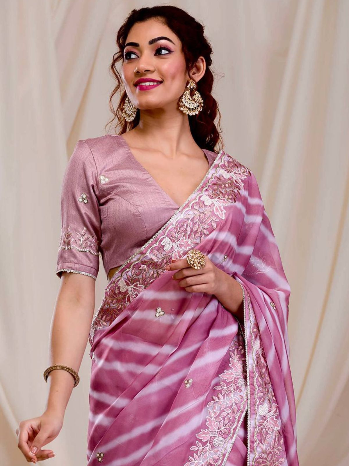 Odette Mauve Embroidered Georgette Saree With Unstitched Blouse For Women