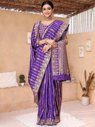 Odette Purple Woven Banarasi Silk Saree With Unstitched Blouse For Women