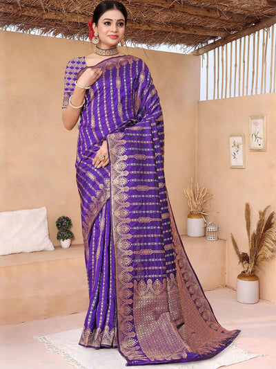 Odette Purple Woven Banarasi Silk Saree With Unstitched Blouse For Women