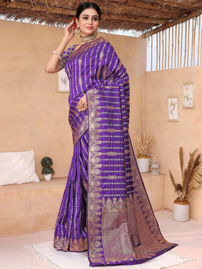 Odette Purple Woven Banarasi Silk Saree With Unstitched Blouse For Women