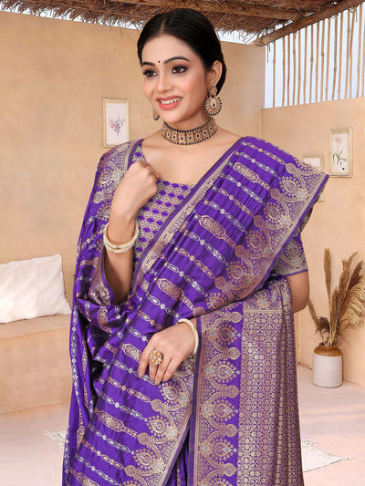 Odette Purple Woven Banarasi Silk Saree With Unstitched Blouse For Women