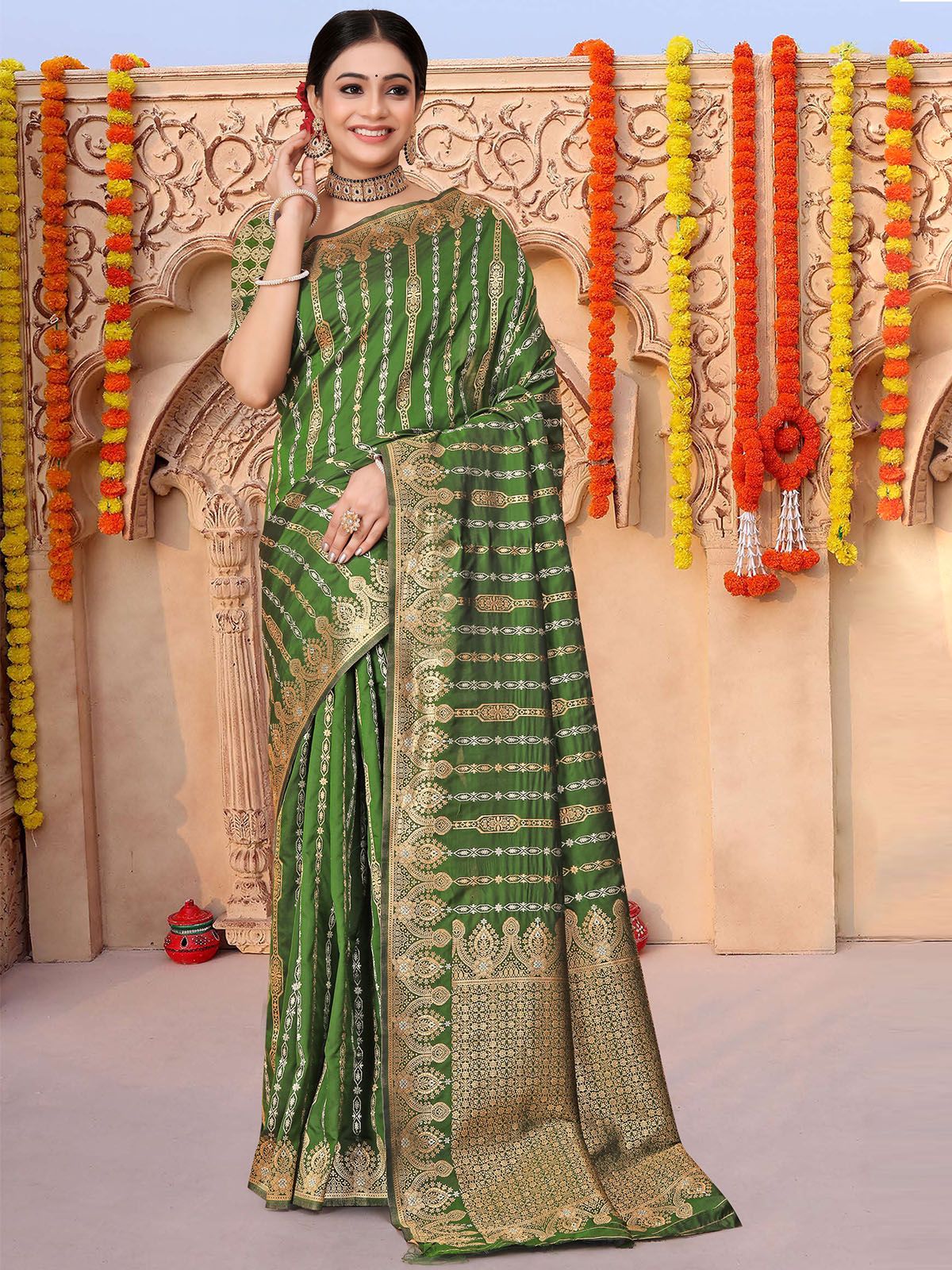 Odette Green Woven Banarasi Silk Saree With Unstitched Blouse For Women