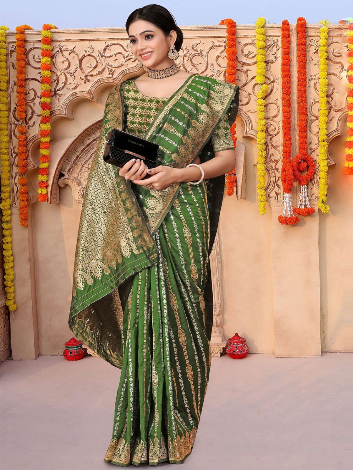 Odette Green Woven Banarasi Silk Saree With Unstitched Blouse For Women