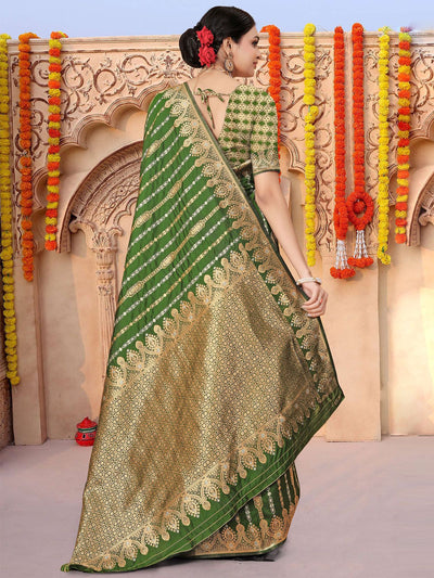 Odette Green Woven Banarasi Silk Saree With Unstitched Blouse For Women