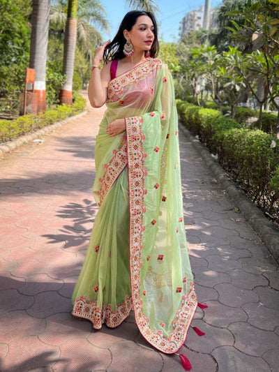 Odette Green Embroidered Net Saree With Unstitched Blouse For Women