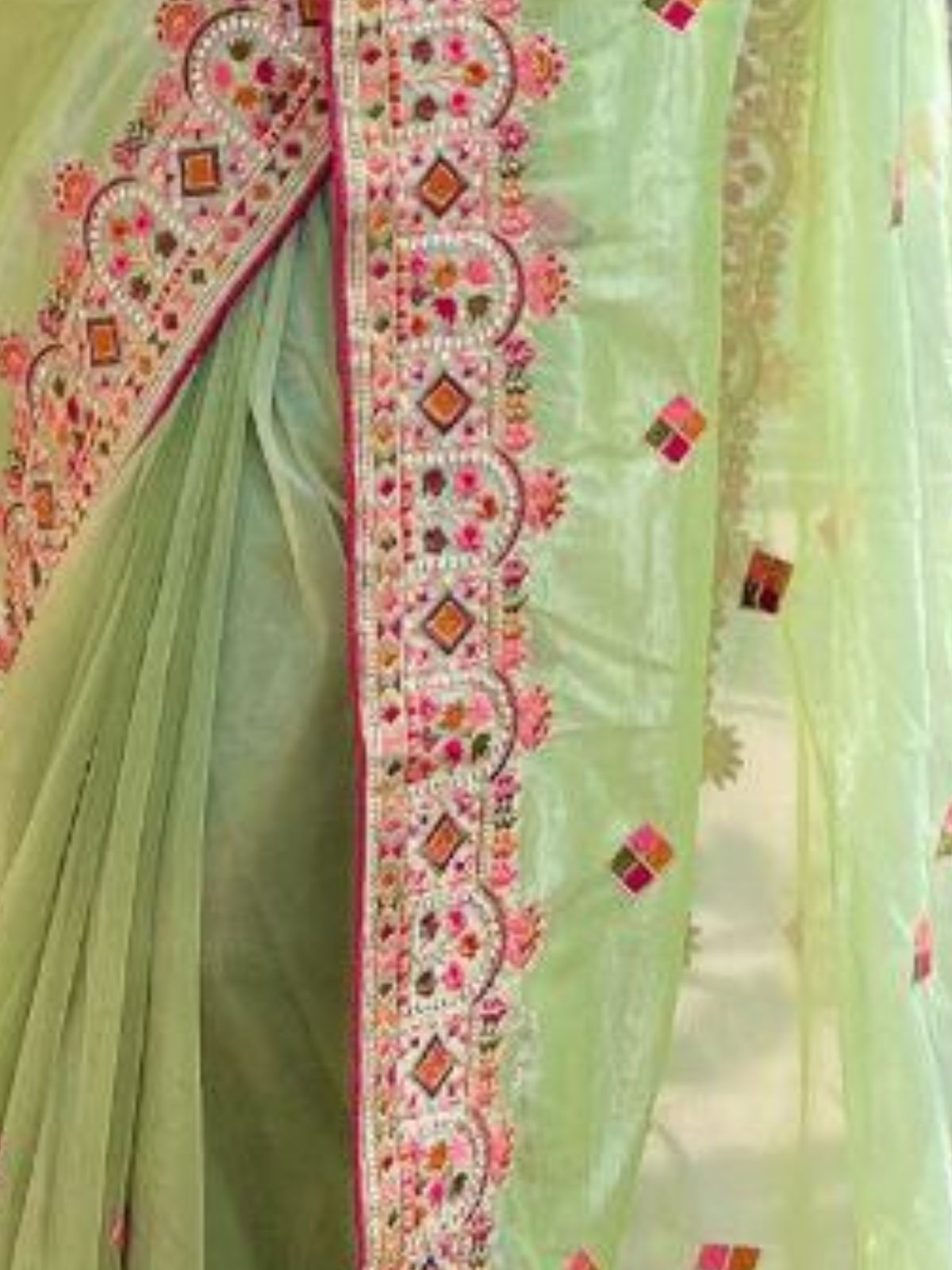 Odette Green Embroidered Net Saree With Unstitched Blouse For Women