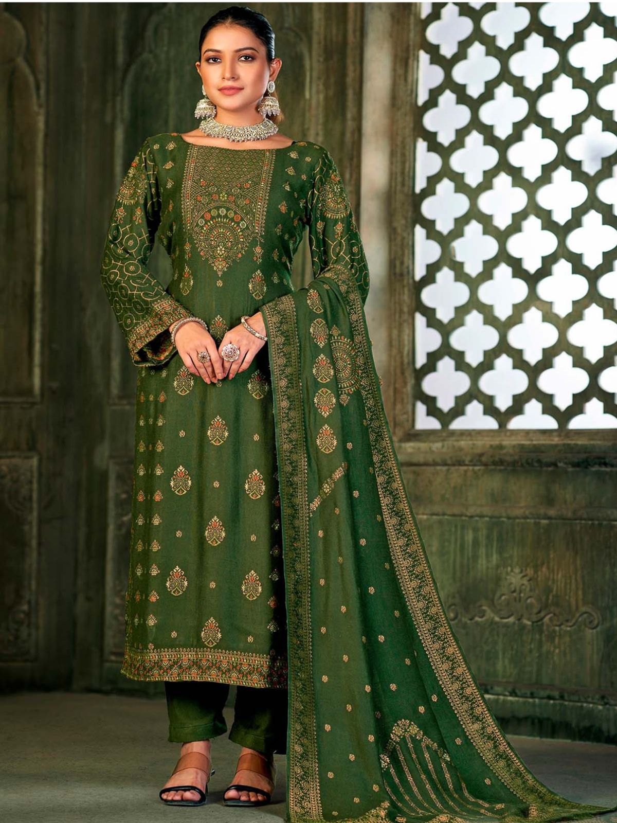 Odette Green Embroidered Viscose Semi Stitched Kurta Set For Women