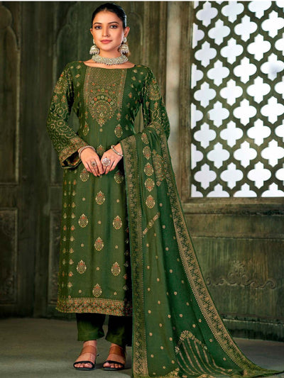 Odette Green Embroidered Viscose Semi Stitched Kurta Set For Women