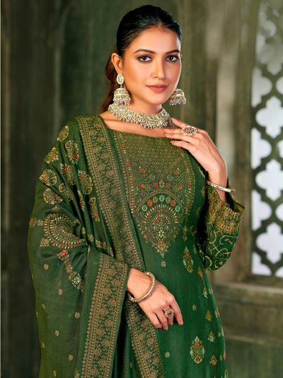 Odette Green Embroidered Viscose Semi Stitched Kurta Set For Women