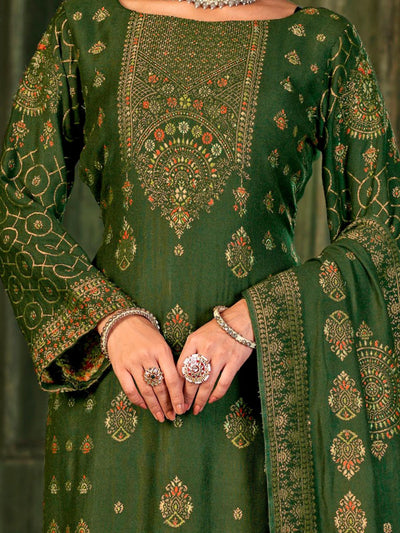 Odette Green Embroidered Viscose Semi Stitched Kurta Set For Women