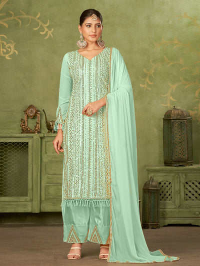 Odette Sea Green Georgette Embellished Semi Stitched Kurta Set For Women