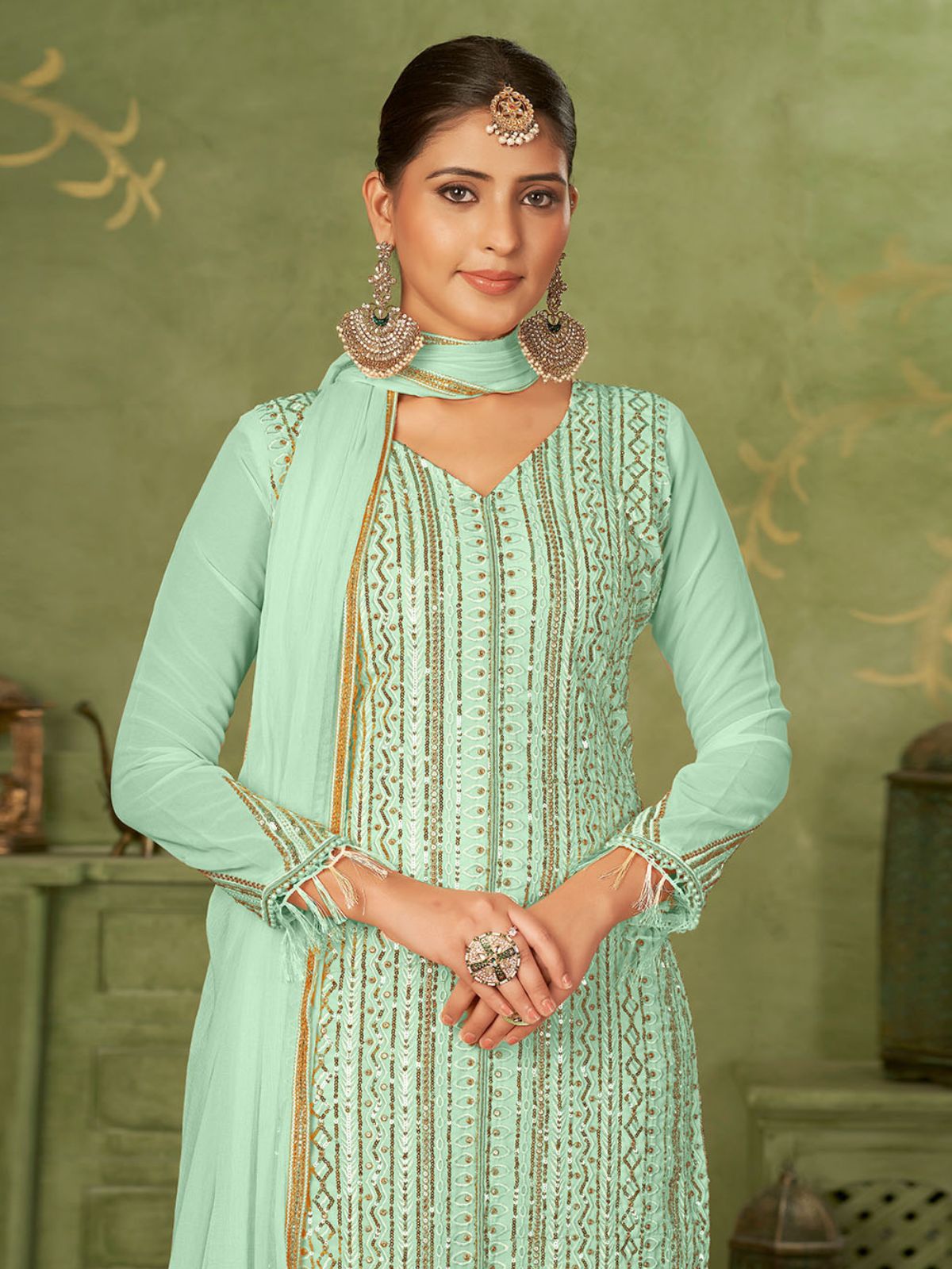 Odette Sea Green Georgette Embellished Semi Stitched Kurta Set For Women