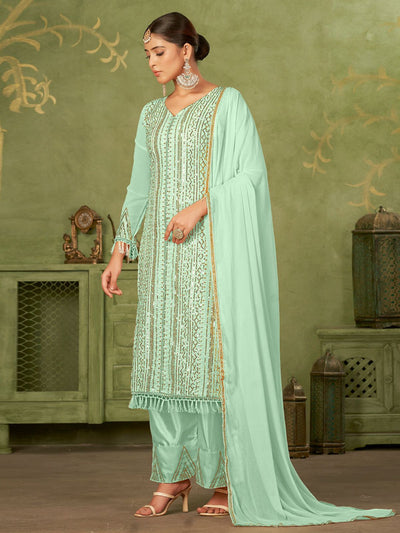 Odette Sea Green Georgette Embellished Semi Stitched Kurta Set For Women