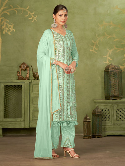 Odette Sea Green Georgette Embellished Semi Stitched Kurta Set For Women