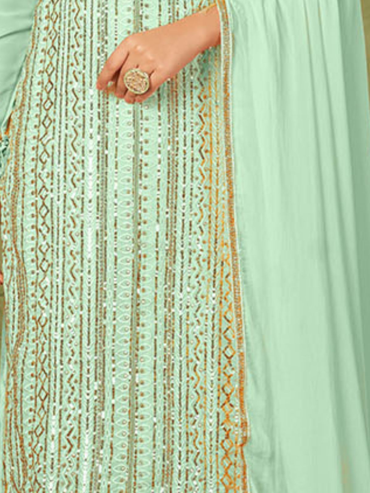 Odette Sea Green Georgette Embellished Semi Stitched Kurta Set For Women