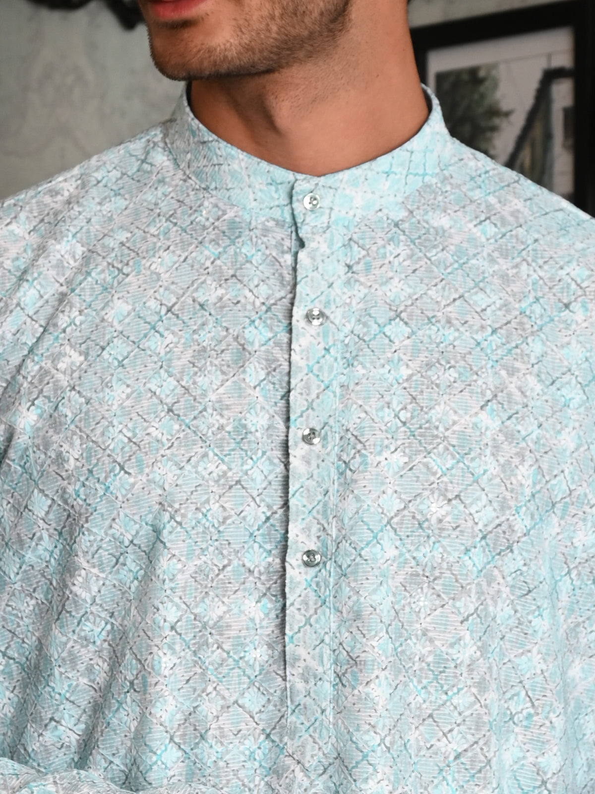 Odette Blue Embroidered Cotton Traditional Kurta Set For Men