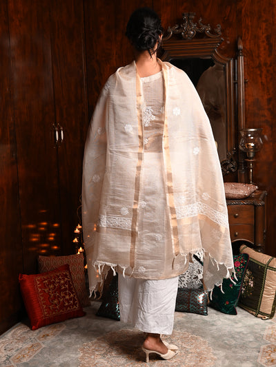 Odette Women Beige Shimmered Polyester Voile Chikankari Embroidered Unstitched Kurta with dupatta
