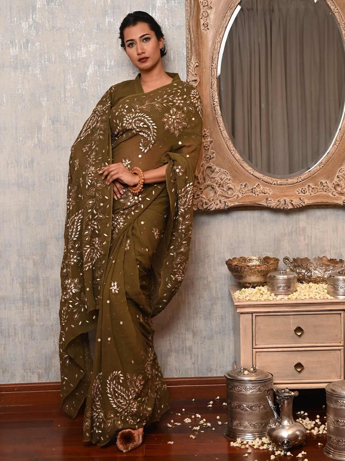Odette Women Olive Green Georgette Gotapatti And Mukaish Work Chikankari Embroidered Saree With Unstitched Blouse